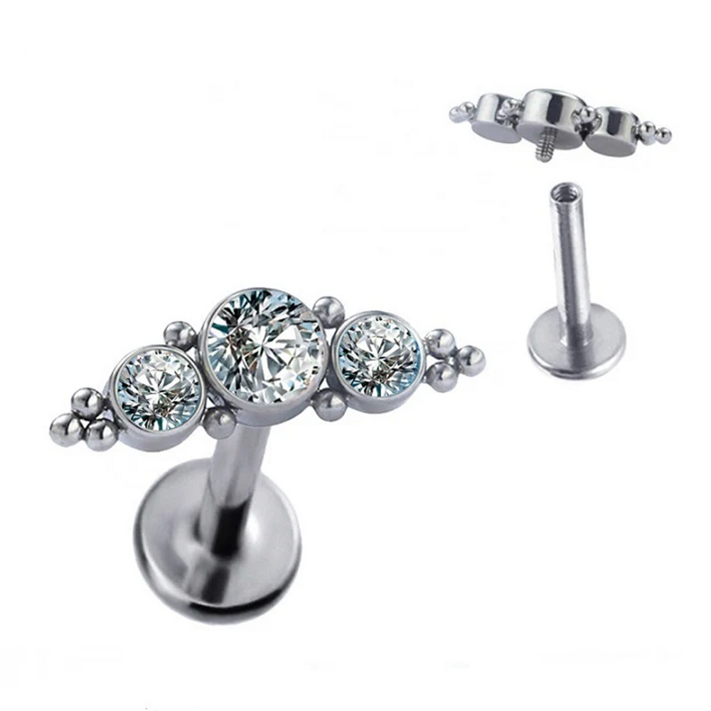 Labret with 3 Zirconias and Titanium side beads with internal thread