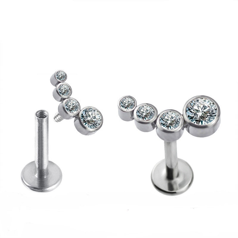 Labret avec 4 zirconias incurvés en titane avec filetage interne