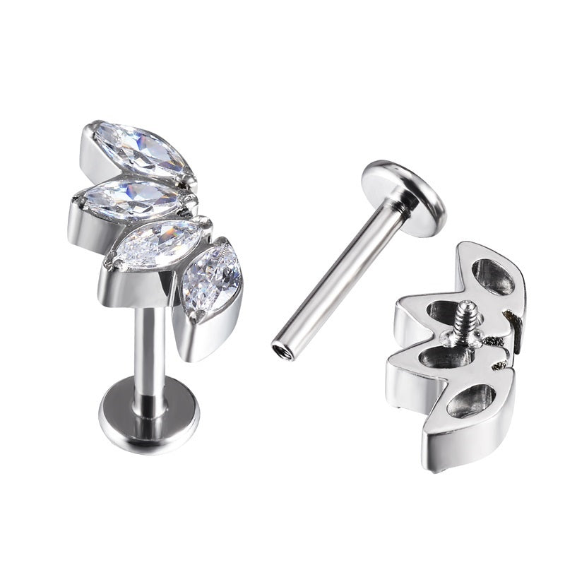 Labret com 4 Zircónias marquise em curva de Titânio com rosca interna
