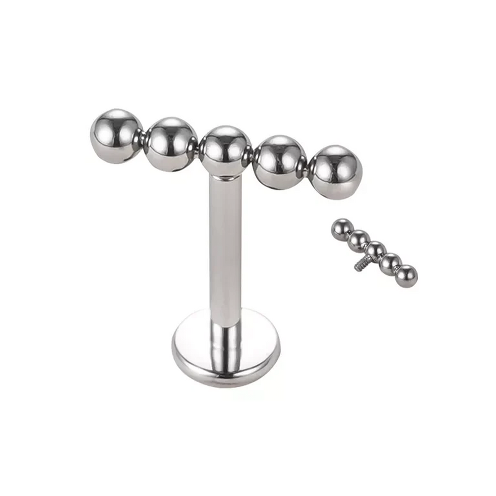 Labret com 5 bolas metálicas alinhadas em Titânio com rosca interna