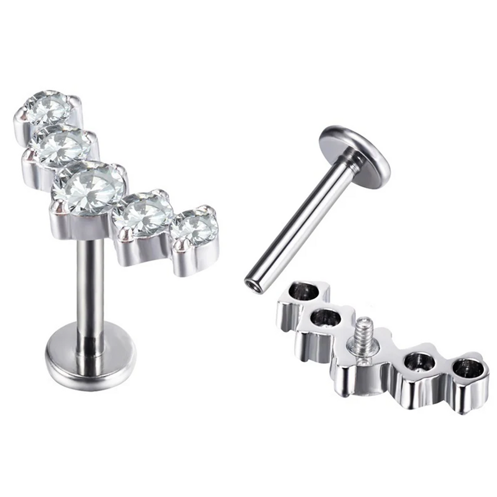 Labret com 5 Zircónias marquise em linha curva de Titânio com rosca interna
