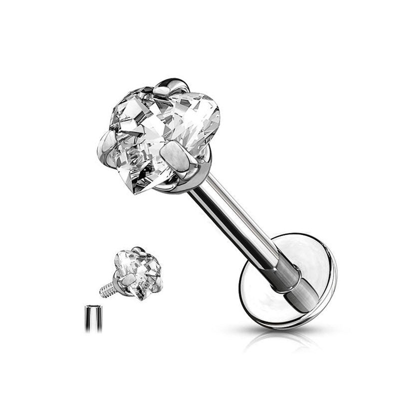 Labret com zircónia em forma de coração, rosca interna, titânio