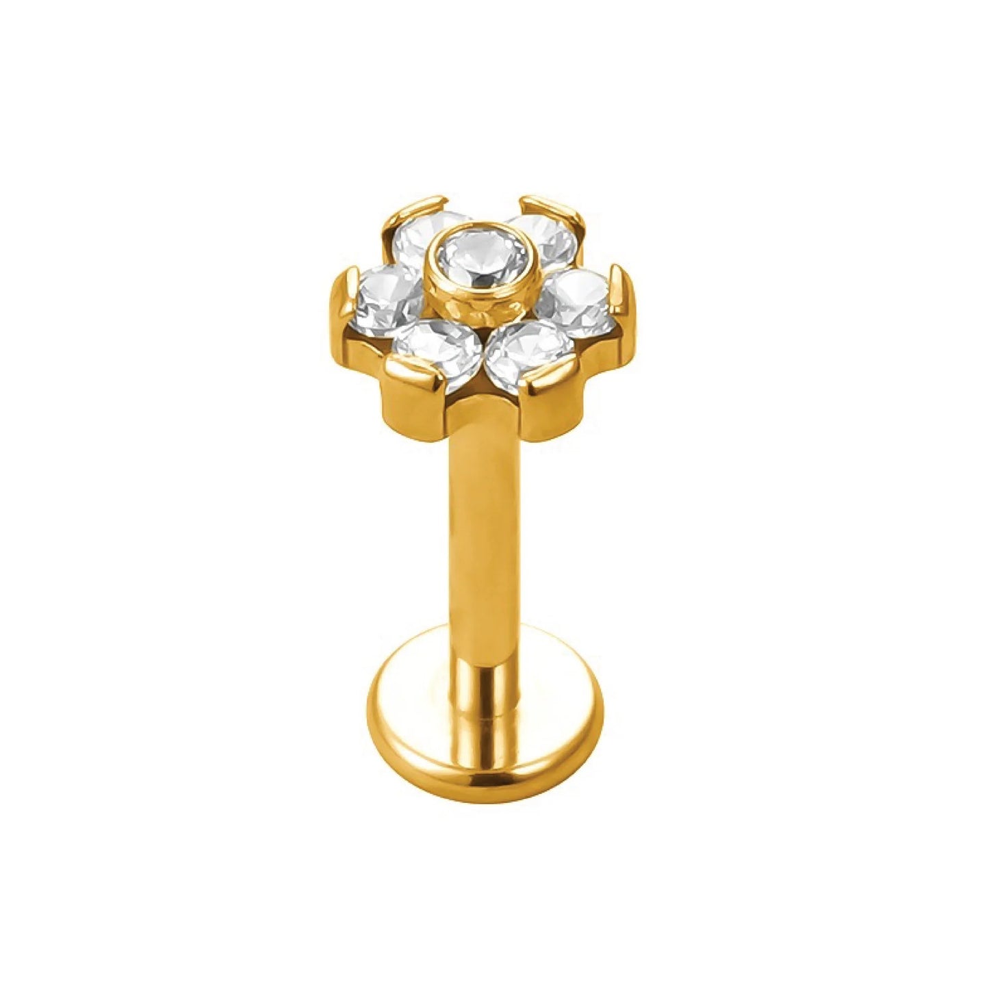Labret en forme de fleur avec sept zirconias, en ASTM Gold Titanium avec filetage intérieur