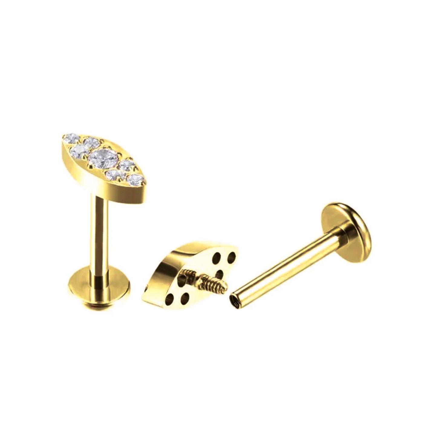 Labret en or avec zirconias marquises en PVD Gold Titanium avec filetage interne