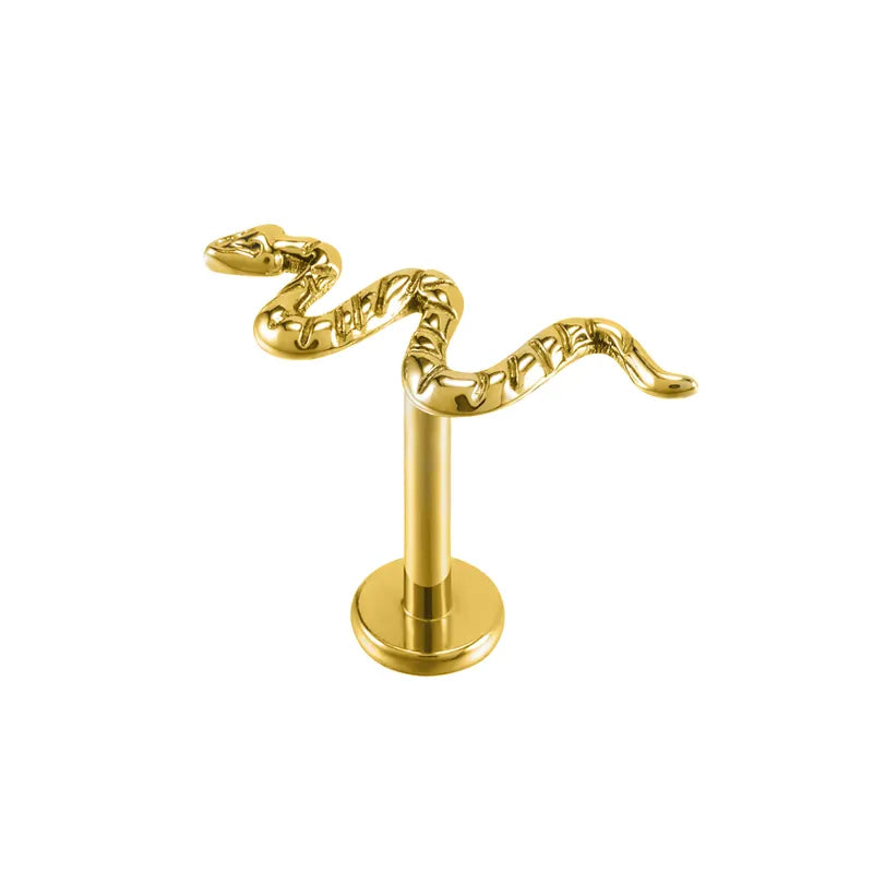 Labret serpente em Titânio PVD Gold com rosca interna, acabamento detalhado e sofisticado