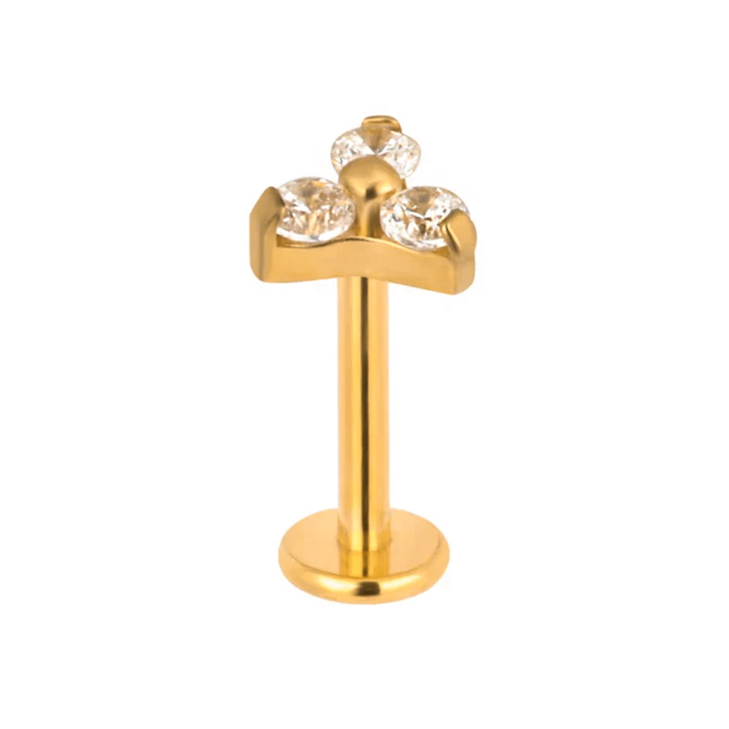 Labret dourado com 3 Zircónias estilo trinity, em Titânio ASTM PVD Gold com rosca interna