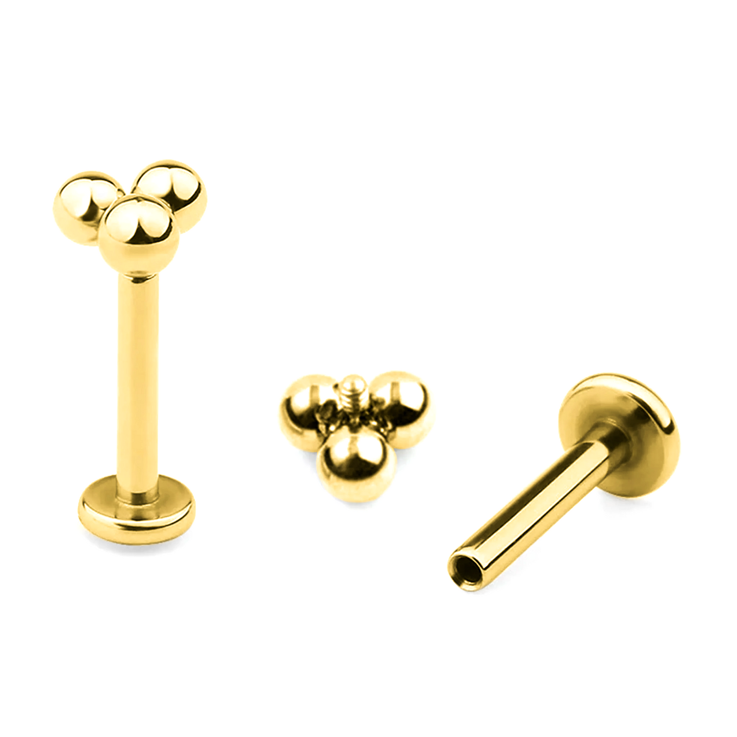Labret Trinity em Titânio PVD Gold com rosca interna e três esferas