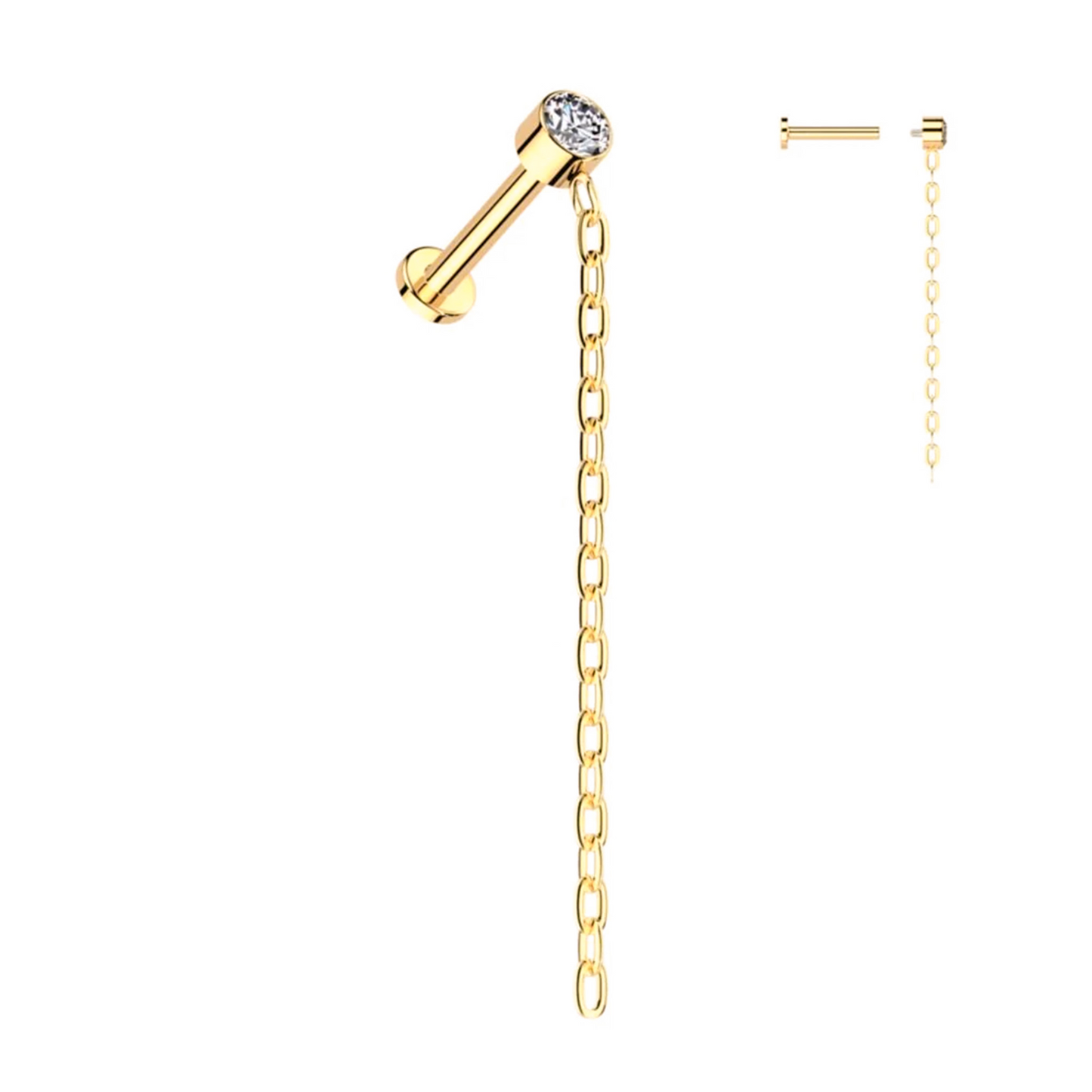Labret dourado com Zircónia e corrente, em Titânio com rosca interna