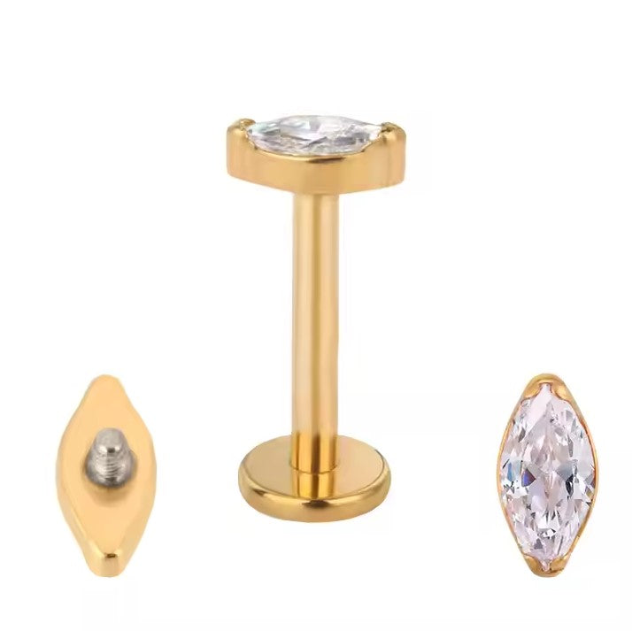 Labret com zircónia marquise em titânio PVD gold com rosca interna. Ideal para medusa, tragus e helix