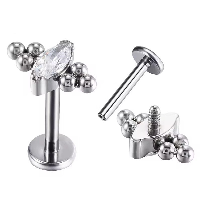 Labret com zircónia corte marquise e trinitys em titânio ASTM, rosca interna