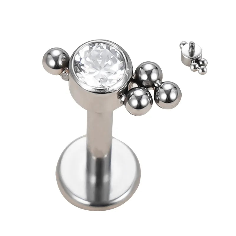 Labret com zircónia e missangas, em titânio ASTM com rosca interna. Ideal para tragus e helix