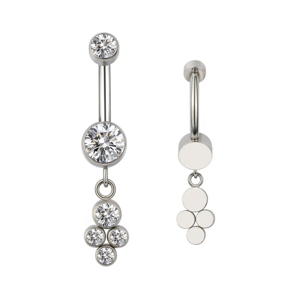 Piercing de umbigo com pêndulo de 4 zircónias em Titânio com rosca interna