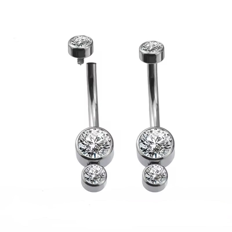 Piercing Navel com cluster de 2 zircónias em Titânio com rosca interna