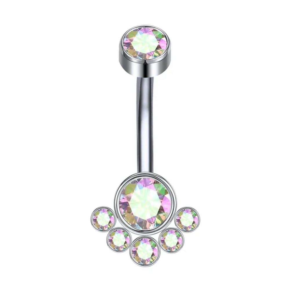 
                  
                    Piercing ombligo de titanio con circonita central y racimo de 6 circonitas
                  
                