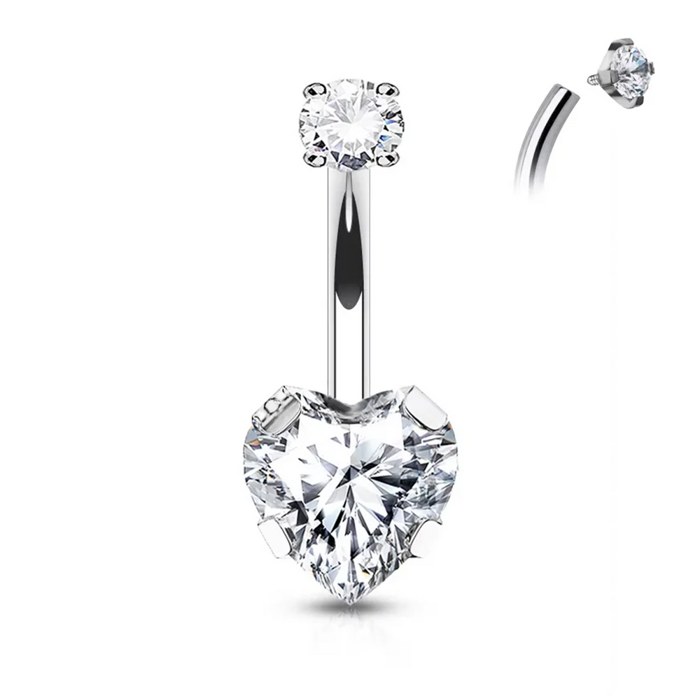 Piercing de ombligo de titanio con circonita en forma de corazón y remate redondo con rosca interior