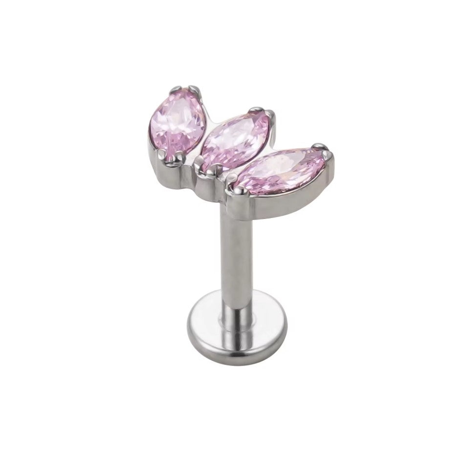 Labret em Titânio com 3 Zircónias Marquise em Curva – Rosca Interna, Hipoalergênico