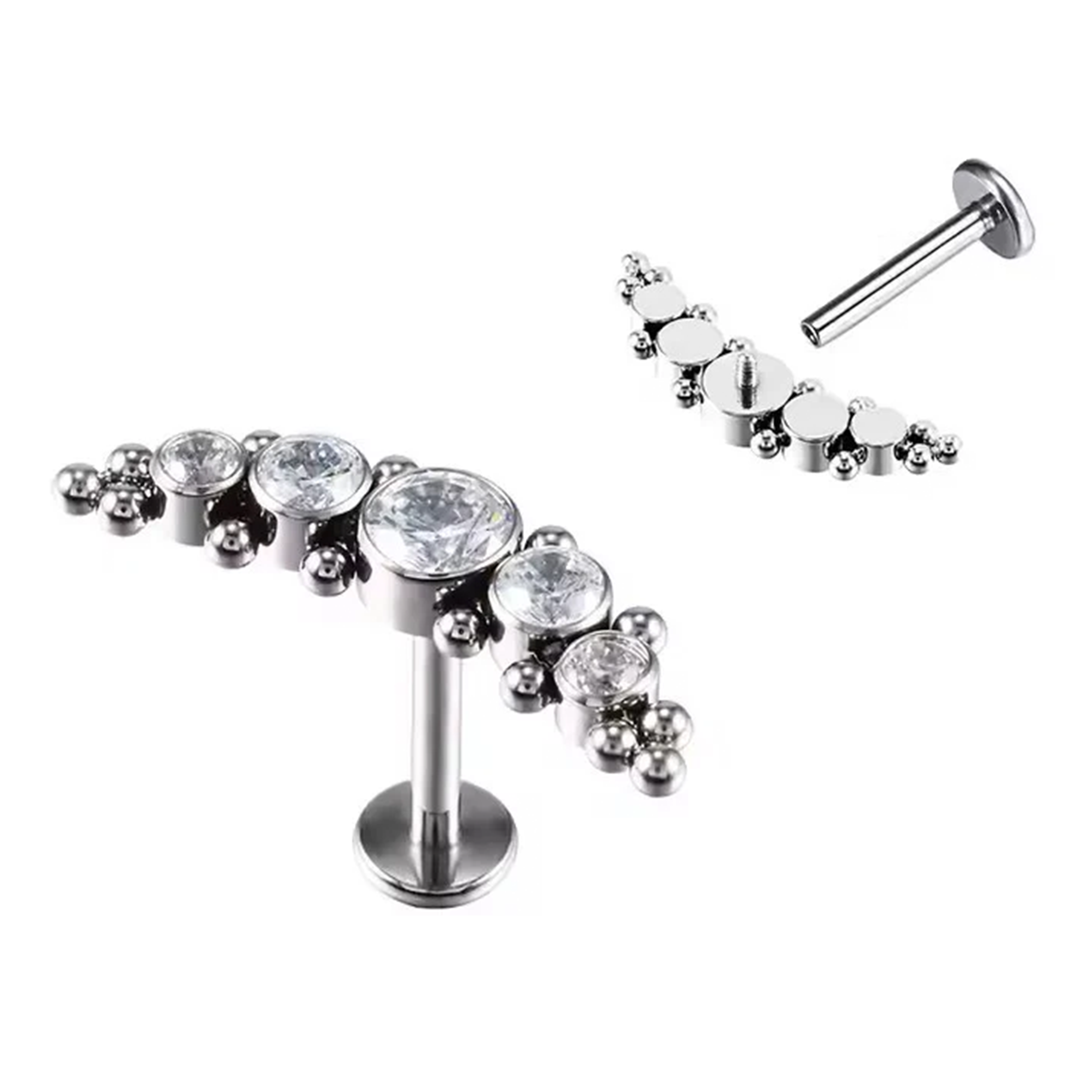 Labret em Titânio com 5 Zircónias e Missangas – Rosca Interna, Hipoalergênico