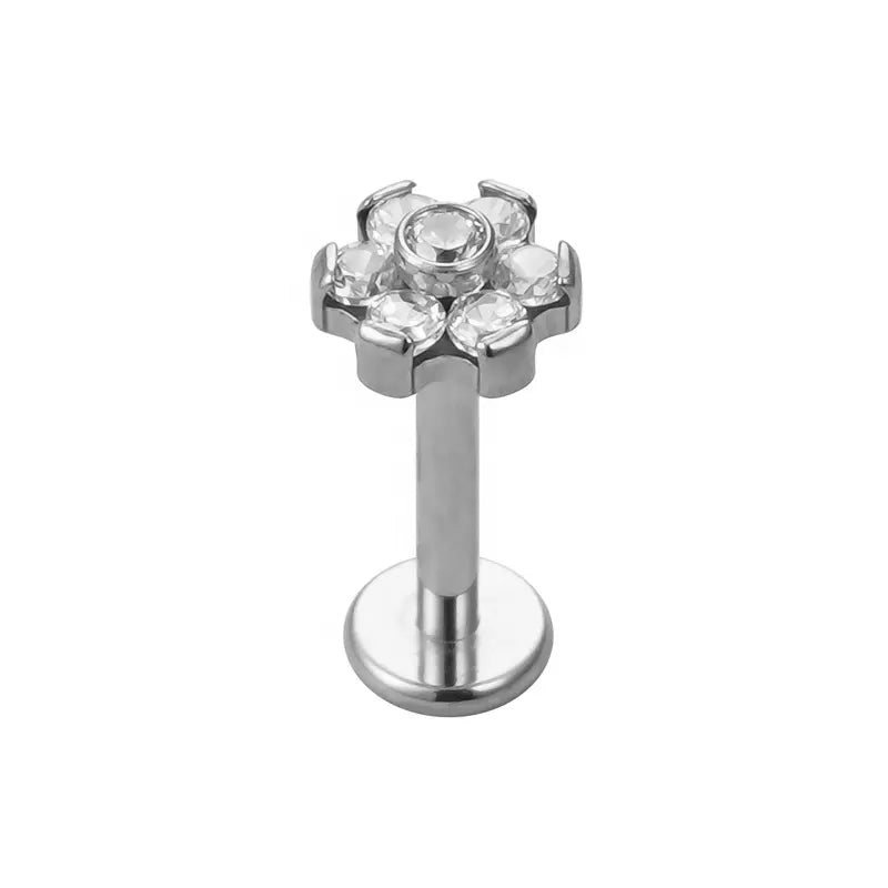 Labret em Titânio com Flor de Zircónias – Rosca Interna, Hipoalergênico