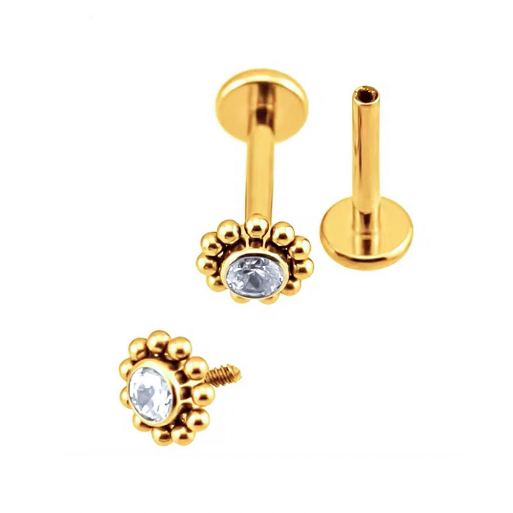Piercing Labret Floral com Zircónia em Titânio Dourado – Rosca Interna
