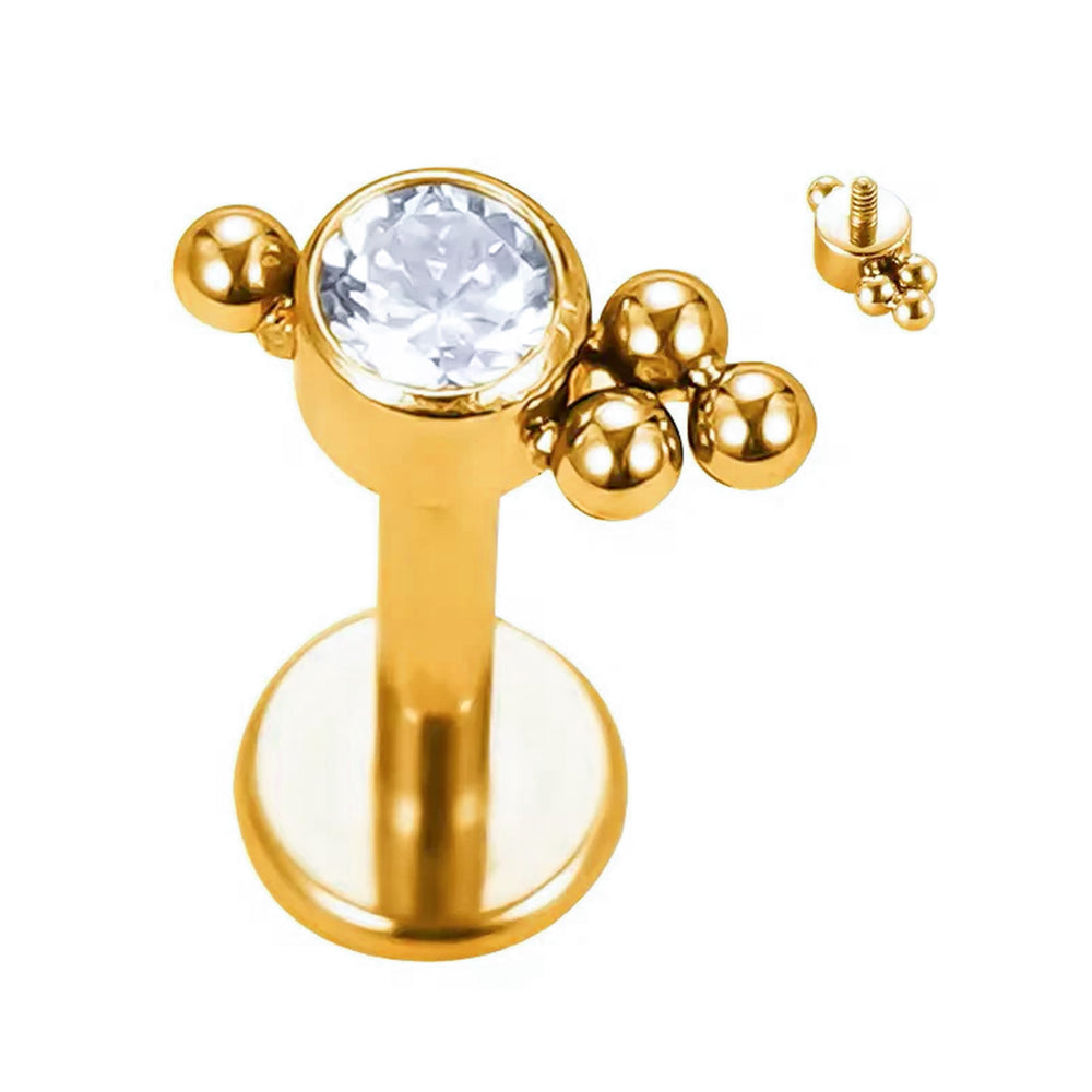 Piercing Labret com Zircónia e Missangas em Titânio Dourado – Rosca Interna